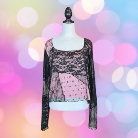 Dolls Kill Tops - Dolls Kill dELiA*s NWT Pink & Black Floral Lace Patchwork Long Sleeve Top 3X